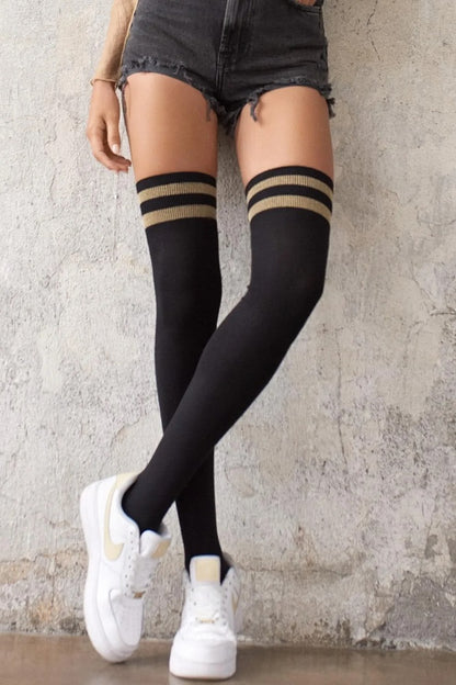 Damen Overknees Socken mit goldenem Streifen