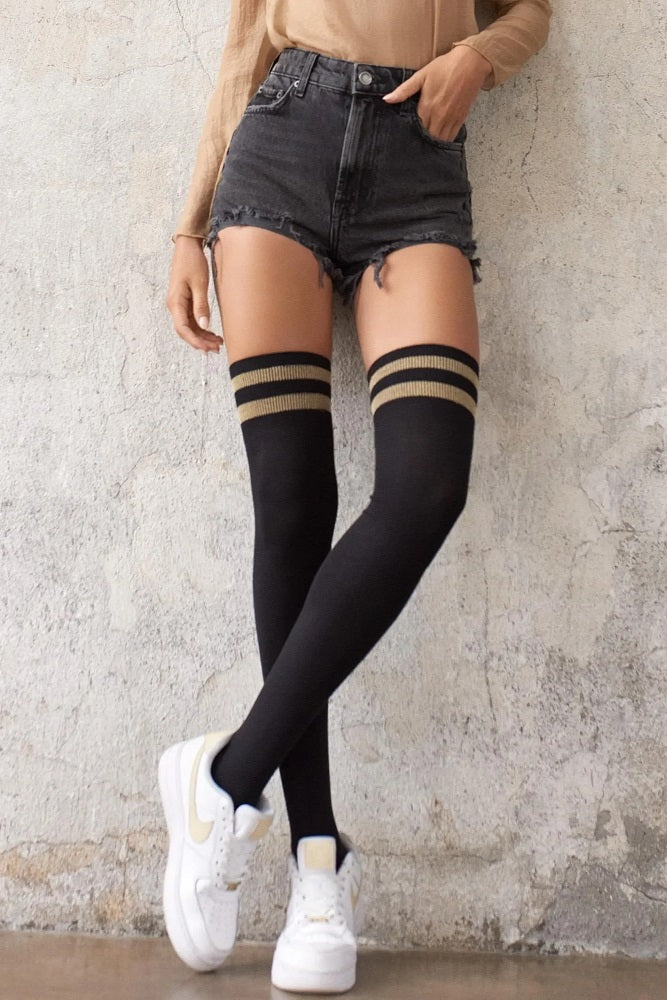 Damen Overknees Socken mit glänzenden Streifen
