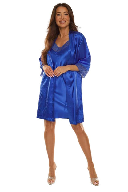 Satin Damen Morgenmantel Synthia in Blau mit Spitze