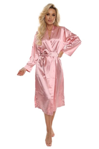 Long satin women's dressing gown classic pink