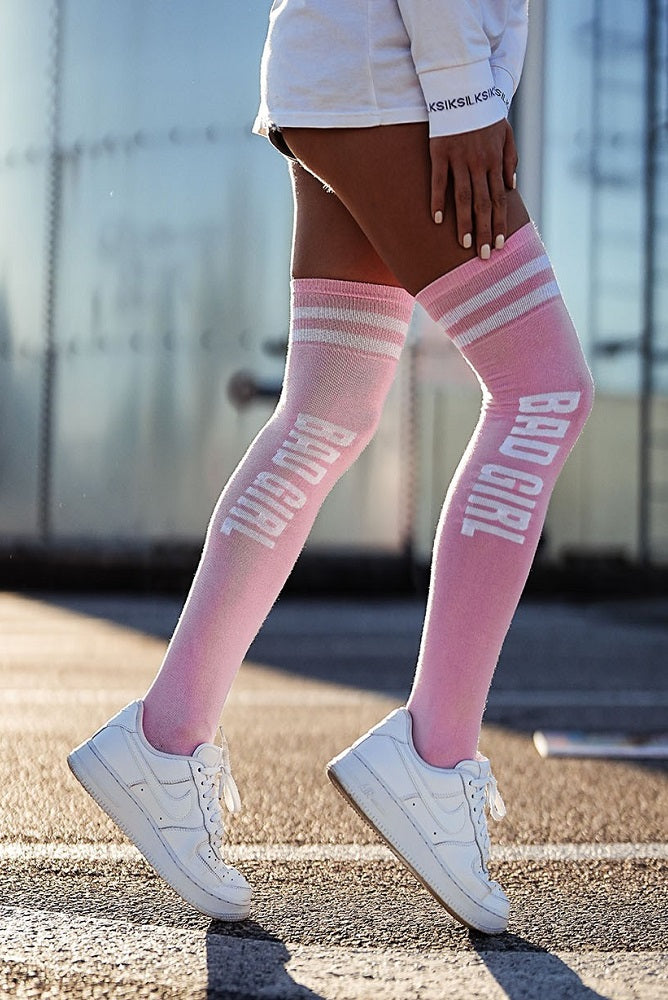 Cotton Over-The-Knee Socks "Bad Girl" - Pink