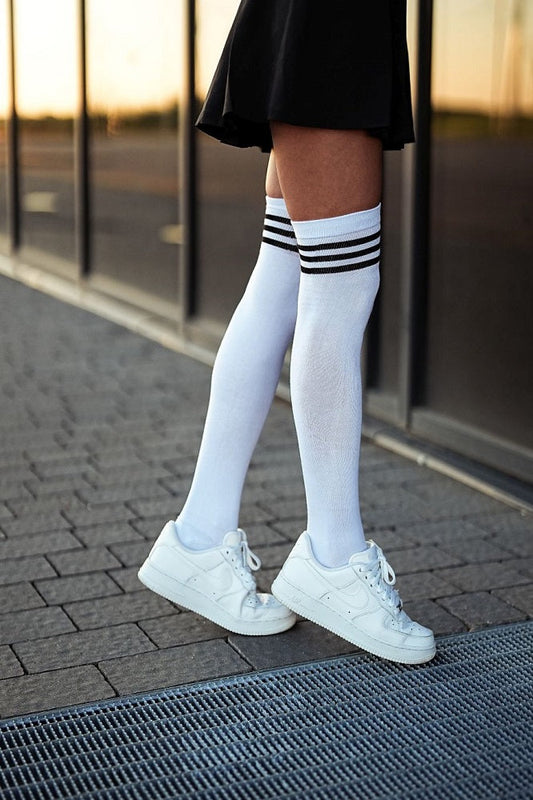 Cotton over-the-knee socks white with 3 black stripes