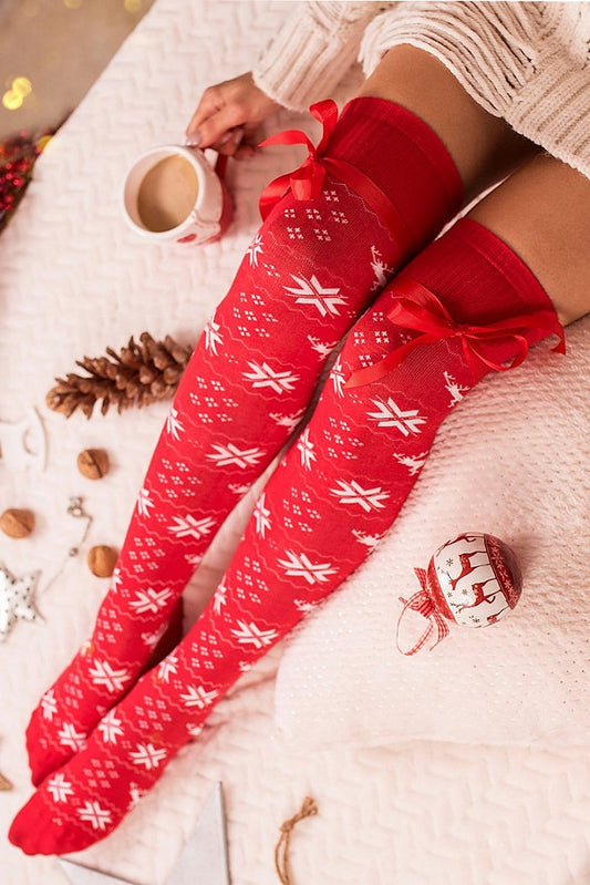 Overknees Socken zu Weihnachten mit Schleife - Rot