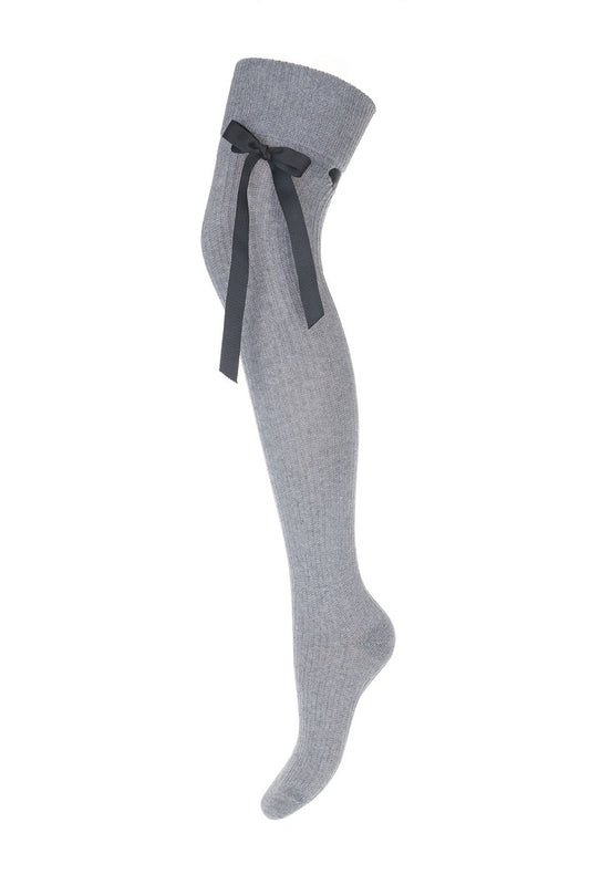 Damen Overknees Socken mit Schleife Grau