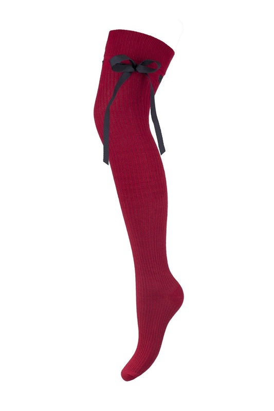 Ladies overknees socks with bow red wine