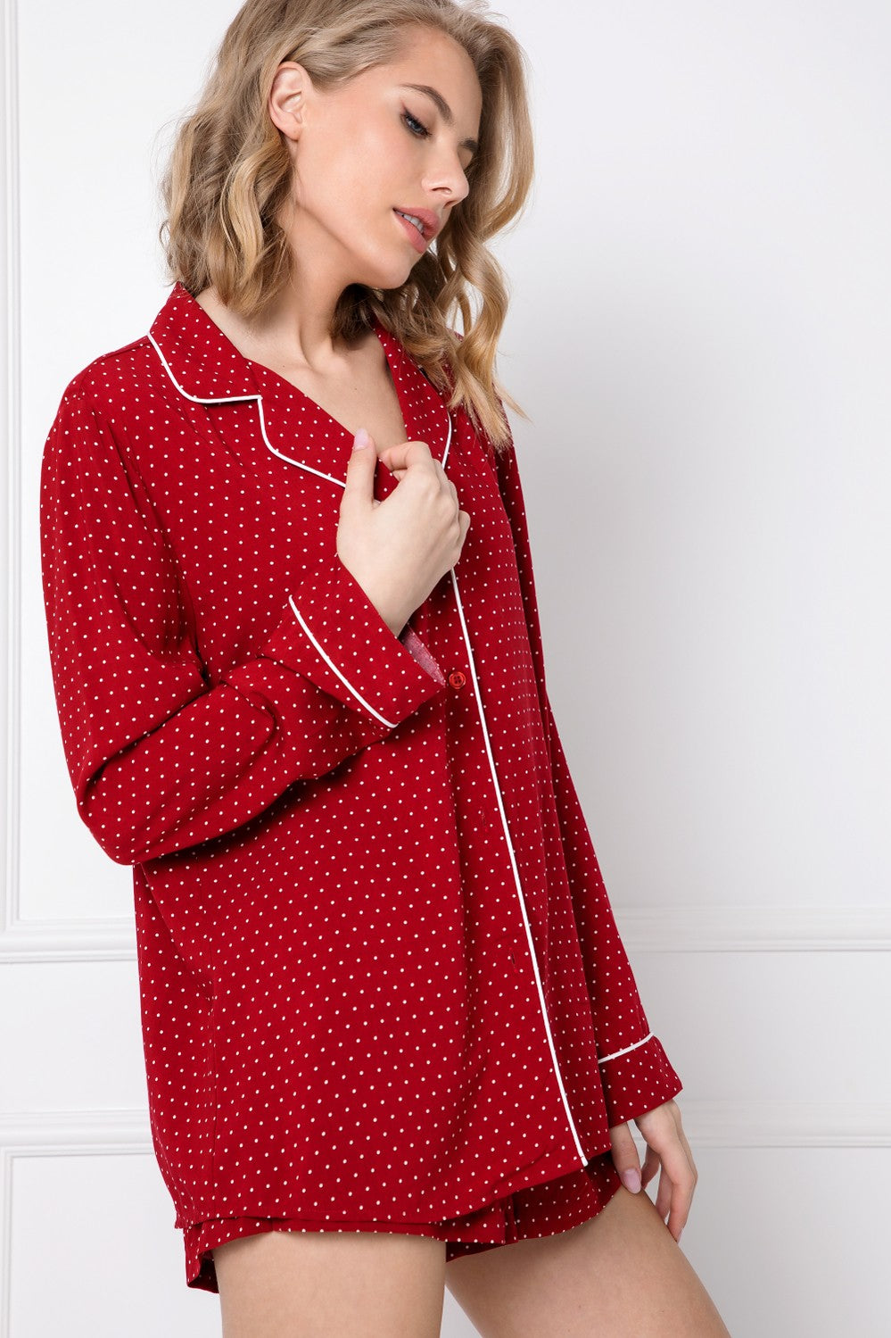 Damen Pyjama mit geknöpftem Hemd Weihnachten Rot Aruelle