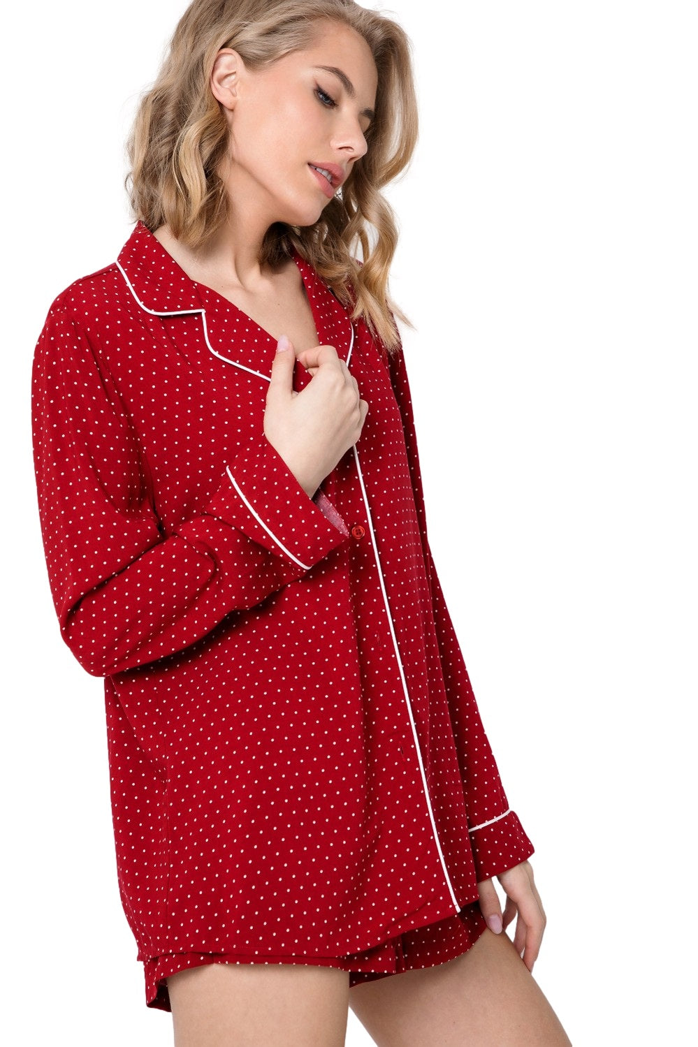 Damen Schlafanzug Kurz mit geknöpftem Hemd Weihnachten Rot Michaela