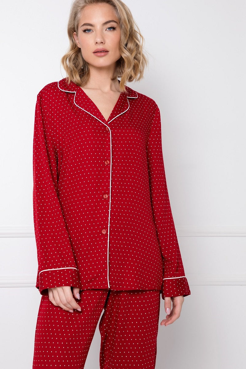Damen Schlafanzug Damen Pyjama mit geknöpftem Hemd für Weihnachten Aruelle Rot