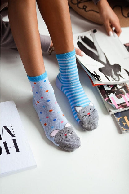 Fancy Mismatched Socks Cat and Mouse Blue