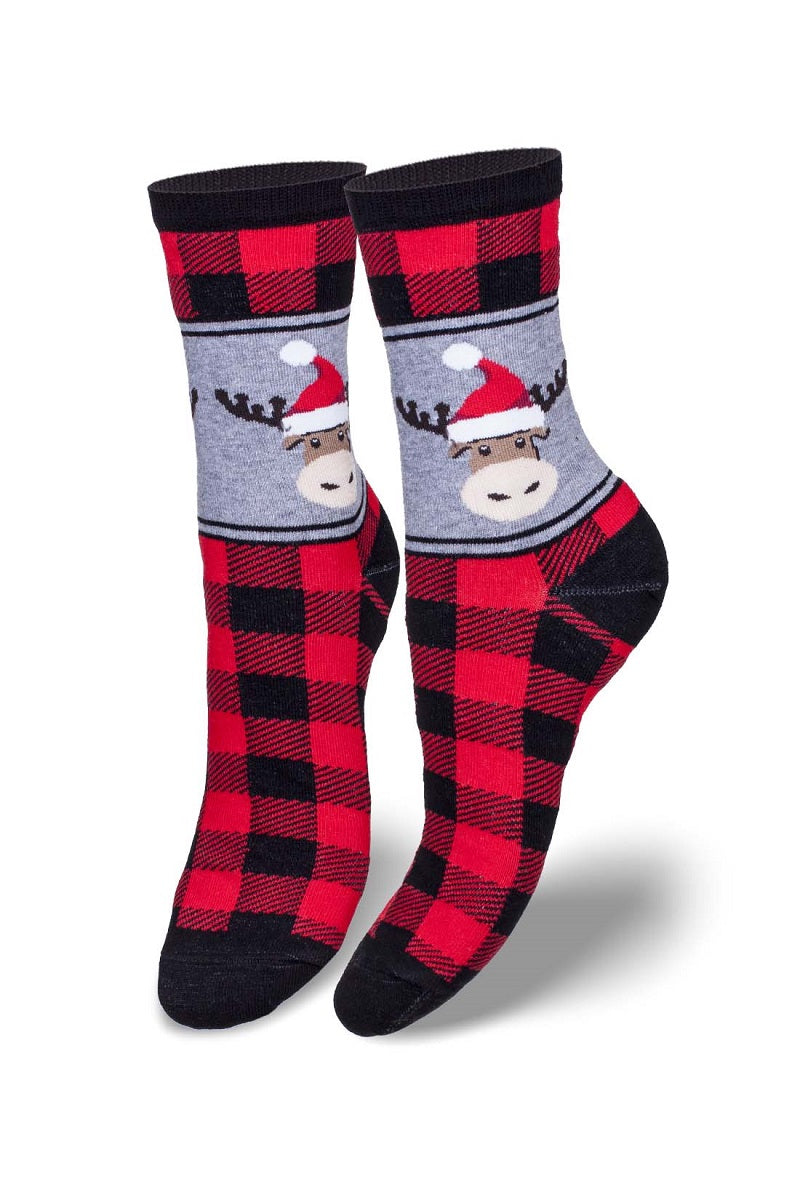 Damen Socken aus Baumwolle mit weihnachtlichem Muster mit Rentieren.