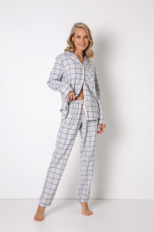 Baumwolle Flanell Langes Damen Pyjama Set Grau