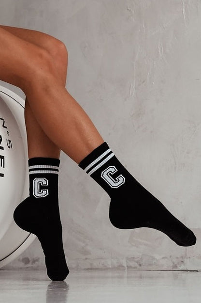 Classic Black Cotton Socks with Letter "C"