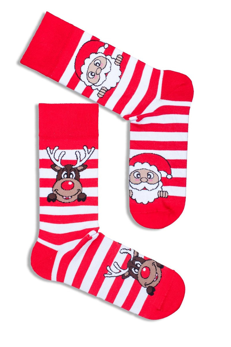 Herren Socken aus Baumwolle mit weißen und roten Streifen, mit Rentier und Weihnachtsmann.