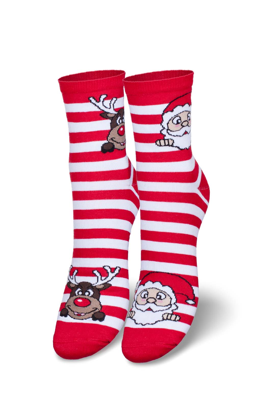 Damen Socken aus Baumwolle mit weißen und roten Streifen, mit Rentier und Weihnachtsmann.